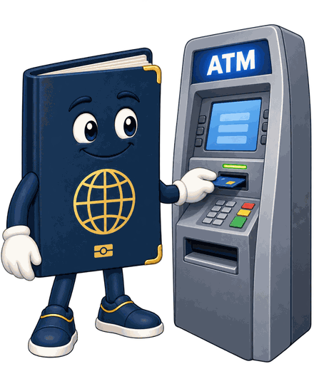 The TripChecker passport mascot putting a card into a cash machine
