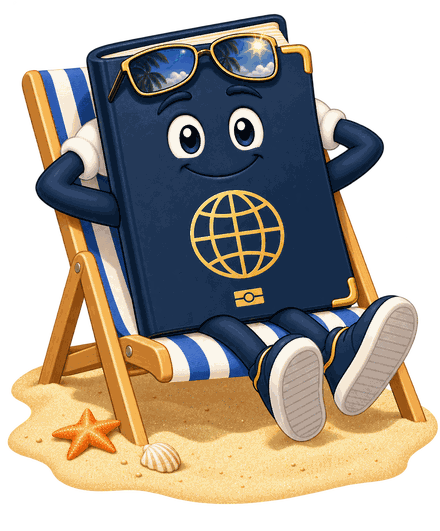 The TripChecker passport mascot in sunglasses relaxing in a deckchair on the sand