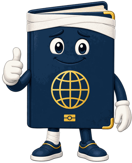 The TripChecker passport mascot with a bandaged head and leg, giving a thumbs up
