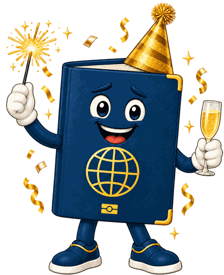 The TripChecker passport mascot in a party hat with a sparkler and a glass of fizz
