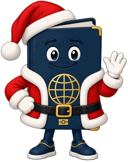 The TripChecker passport mascot dressed as Father Christmas, waving